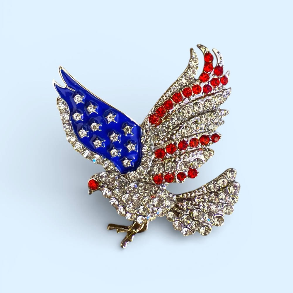 Crystal Eagle Brooch with Red and Blue Accents